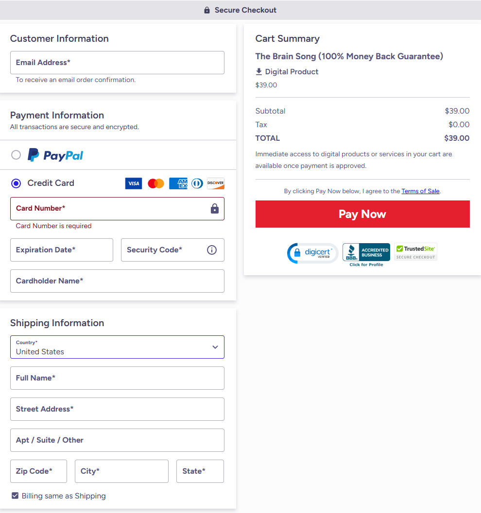 The Brain Song ClickBank checkout page